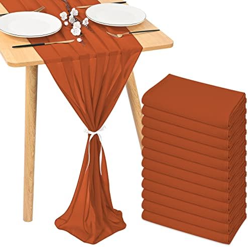12 Pack 10Ft Terracotta Chiffon Table Runner 28x120 Inches Sheer Table Runner Romantic Table Cloth for Wedding Decor, Baby Shower and Birthday Party Cake Table Decorations