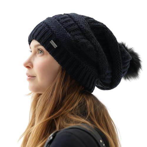 TOP-EX Wintermütze Damen 100% Wolle Strickmütze mit Fellbommel - Warm gefüttert & Winddicht, ideal für Outdoor-Sport und Ski - Schwarz