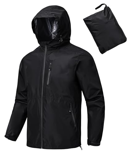 MoFiz Hombre Chaquetas Impermeables Chubasqueros Plegable Ligero Cortavientos Impermeable para Ciclismo Running Acampada Marcha Viajes Senderismo Negro Talla EU L