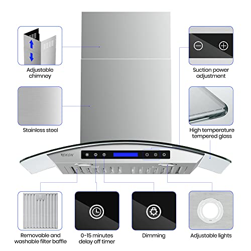 Ekon Kitchen Nap03-36 Inch Wall Mounted Stainless Steel & Curved Glass Kitchen Range Hood, 900 Cfm 4 Speeds Touch Control With Remote & Lcd Display 2 Pcs 3W Led Lamp/2 Pcs Baffle Filters #TOP4