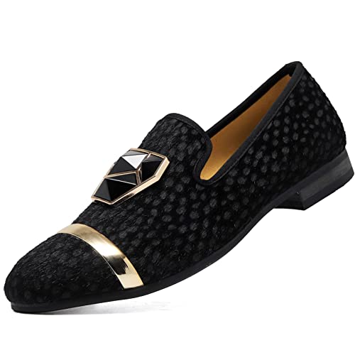 Fqeqnqg Men's Fashion Formal Velvet Loafers And Wedding Dress Shoes For Men With Gold Plate, Penny Slip-On Smoking Luxury Men Casual Shoes (Black) #TOP24