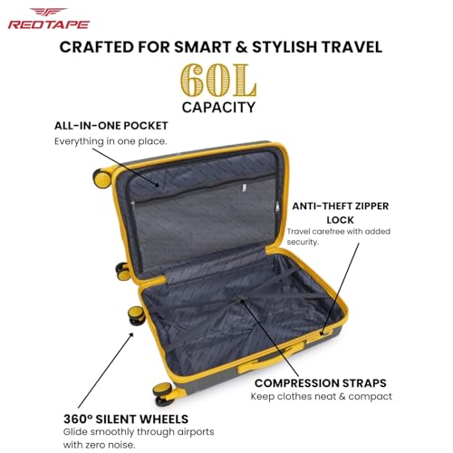 Image of Red Tape 60L Polypropylene Hard Luggage Trolley Bag | 69cm Medium Check-in Suitcase with 360 8 Spinner Wheels, Combination Lock & Lightweight Design | Travel Luggage for Men & Women (Olive & Yellow)