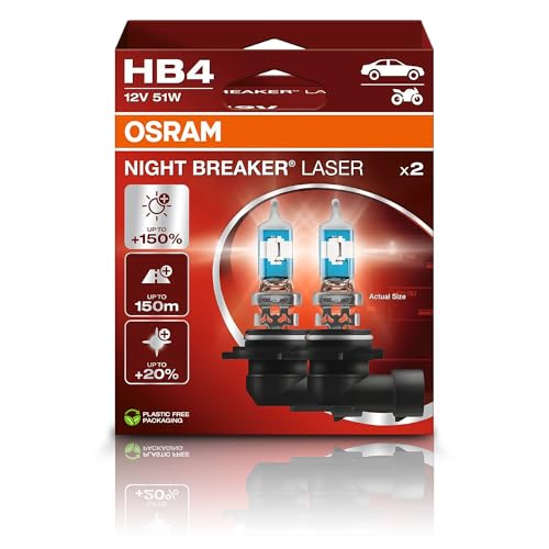 Osram Night Breaker Laser HB4, +150% More Brightness, Halogen Headlight Bulb, 9006NL-2HB, 12 V Car, Hanging Box (2 Lamps), White by OSRAM - Used condition - US$23.35