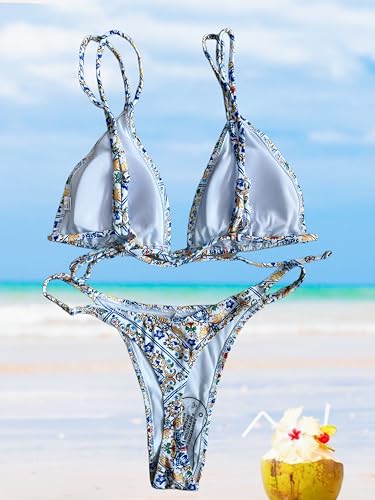 Image of Women's Sexy Thong Bottom Two Piece Bikini Double Shoulder Straps Cute Swimsuit Triangle Bathing Suit