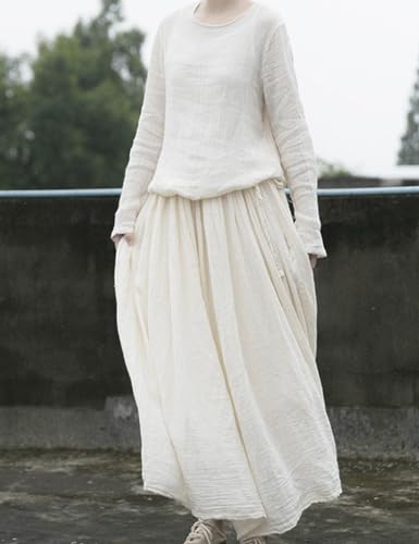 Womens Summer Gauze Cotton Long Sleeve Round Neck Drawstring Waist Casual Maxi Tunic Dresses3