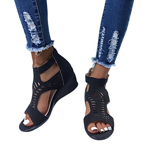 Fudule Sandals For Women Wedge, Summer Rhinestone Sandals Platform Adjustable Open Toe Zipper Back Sandals Roman Shoes #TOP2