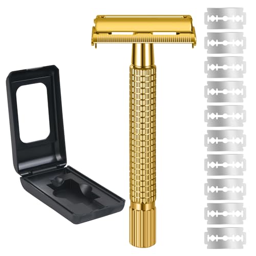 URAQT Doppia Lama Rasoio, Rasoio di Sicurezza Safety Razor con 10 Lamette, Rasoio Sicurezza Idea Regalo Uomo per Cura della Barba(Oro)