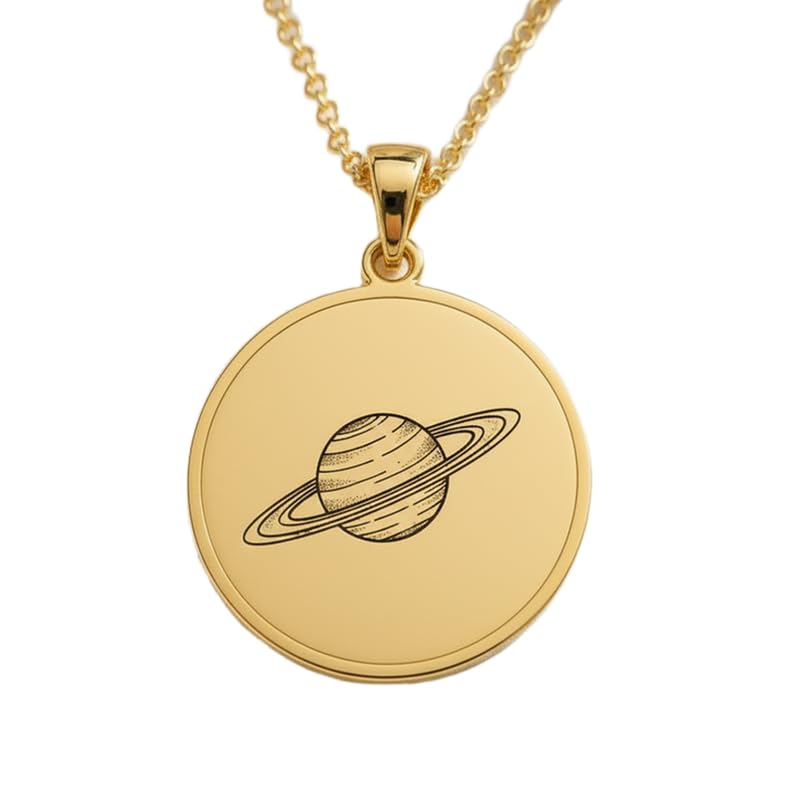 Collier Saturne pendentif rond argent 925 plaqué or avec chaîne 45 cm