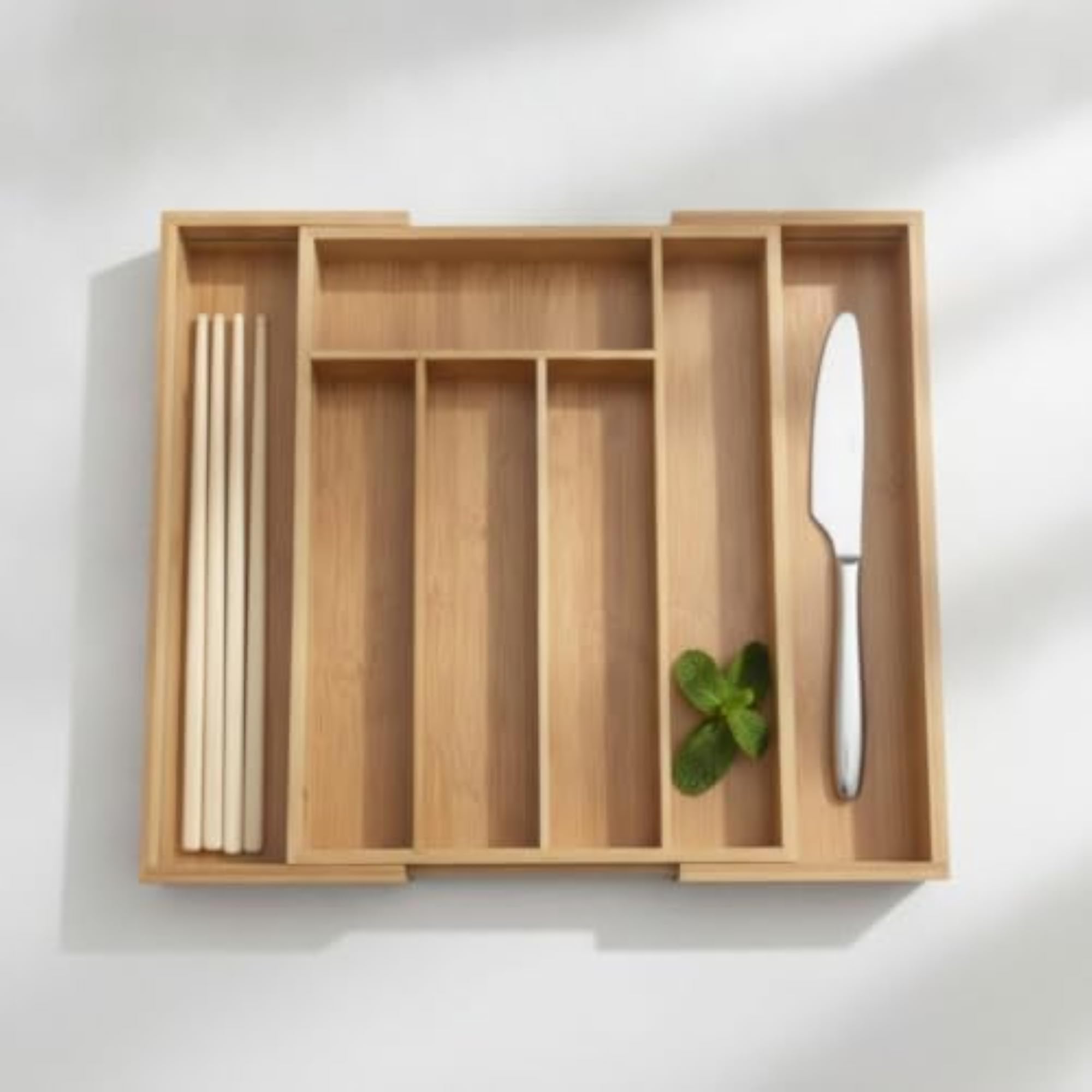 Adjustable Bamboo Drawer Organizer with Multi-Compartment Utensil Tray
