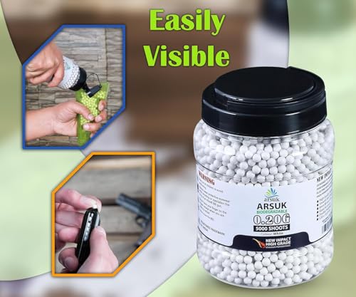 ARSUK Biodegradable Airsoft BBS 6mm – White – 0.20g Seamless BB Pellets for Target Practice – Precision 6mm Airsoft BBS with Smooth Finish – 5 Packs of 1000 (Total 5000) BB Bullets