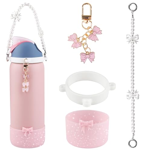 Wututir Water Bottle Accessories Set for Owala FreeSip 24oz、32 oz– Includes Pearl Handle Strap, Bow Charms,2.9in .3inch Silicone Bling Boot for Owala Accessories for Women (Pink, 32 oz)