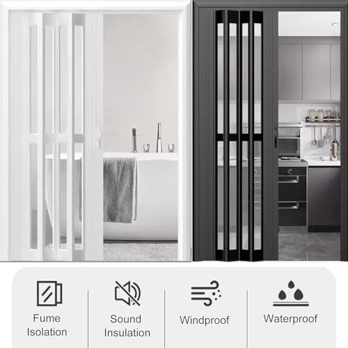 Customizable PVC Accordion Folding Door with Frosted Acrylic Panel - Space-Saving Interior Door, Ideal for Home & Office (62x80in / 156x203cm)