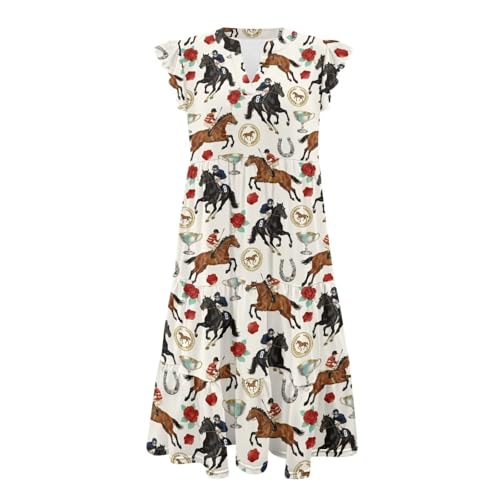 Image of Womens Summer Dress Ruffle Sleeve V Neck Dress Casual Fit Flowy Beach Vacation Sundress with Pocket S-2XL