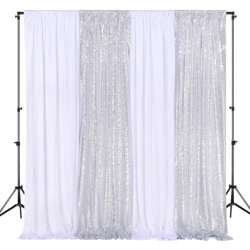 Winter Backdrop Curtain 10ftx10ft - Silver Sequin and White Satin Drapes