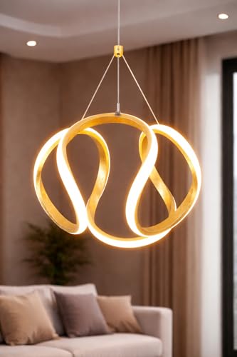 Image of DarkVision Modern Ribbon LED Hanging Ceiling Light for Living Room | Contemporary Hanging Fixture Gold Spiral Pendant | 3 in 1 Color Changing Lighting for Dining Room, Kitchen and Home Decoration