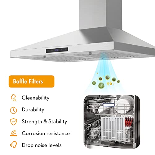 Firegas Range Hood 30 Inch,Wall Mount Range Hood In Stainless Steel With Ducted/Ductless Convertible,Stove Vent Hood With Permanent Filters,3 Speed Exhaust Fan,Led Lights,Touch Control #TOP4