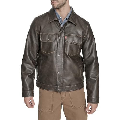 Levi's Men's Faux Leather Trucker Jacket with Quilted Lining, Brown, Large