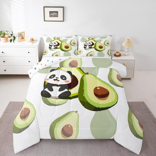 Erosebridal Panda Comforter Set Queen,Avocado Bedding Set Cute Black White Panda Bedding Bear Cat Bedding Comforter for Kids Boys Girls Green Tropical Fruit Quilt Duvet Set Room Decor 2 Pillow Cases
