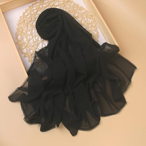 MiaoChoice Bubble Chiffon Hijab for Women with Crochet Edge, Solid Color Lightweight Soft Shawl Scarf for Abaya Dress or Daily Wear (Black)