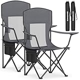 SONGMICS Breathable Camping Chairs, Foldable Outdoor Chairs Set of 2, High Back, Adjustable Armrests, Drink Holder, Weight Capacity 330 lb, for Sports Garden Backyard, Slate Gray UGCB028G01
