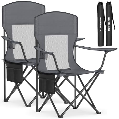 SONGMICS 2 Pack Breathable Camping Chairs, 330 lb Capacity Foldable Outdoor Chairs, High Back, Adjustable Armrests & Cup Holder, for Sports Garden Backyard, Slate Gray UGCB028G01