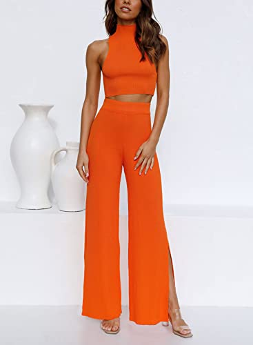 Artfree Womens 2 Piece Outfits Sets Casual Sweatsuits Streetwear, Ribbed Knit Palazzo Wide Leg Pants And Cropped Tops Orange Xl #TOP7