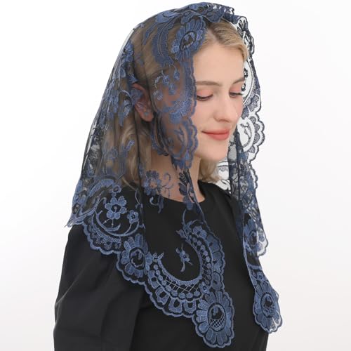 Spanish Mantilla Church Prayer Veils Blue Catholic Mass Chapel Veil First Coummunion Women‘s Church Mantilla Head Covering Latin Mass Veil (Blue&Black)