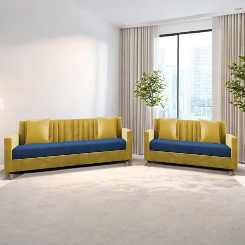 Image of Casaliving Garcia 3+2 Seater Sofa Set for Living Room (Yellow - Blue)