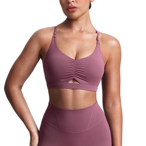 Aoxjox Women's Workout Sports Bras Cross Back Fitness Athletic Velura Ruched Bra PlushFlex™ Yoga Crop Tank (Mauve Berry, Small)