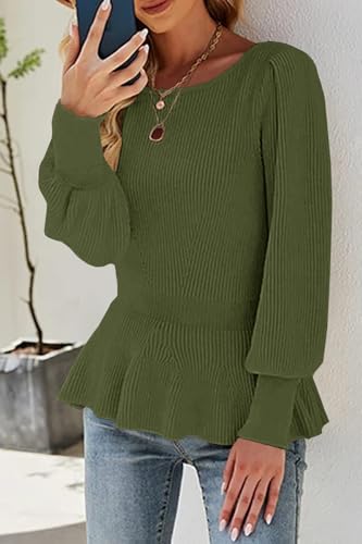Image of Womens Fall Puff Sleeve Peplum Casual Slim Fit Knit Pullover Sweater Jumper Tops