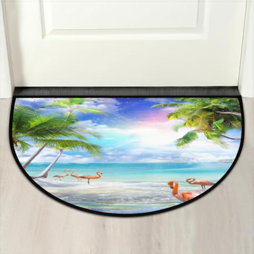 Image of Half Round Doormat Summer Flamingo Flower Non Slip Half Circle Area Rugs Indoor Washable Half Moon Rug Semi Circle Bathroom Runner Mat Entrance Floor Carpet for Kithen Bedroom Fireplace Decor