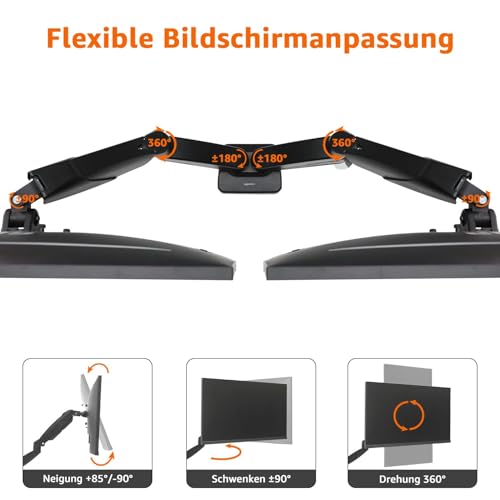 Amazon Basics Schreibtischhalterung für zwei Computermonitore, Gasfeder-Monitorarm, verstellbar, für Monitore bis zu einer Größe von 27 Zoll (68.6 cm), Schwarz