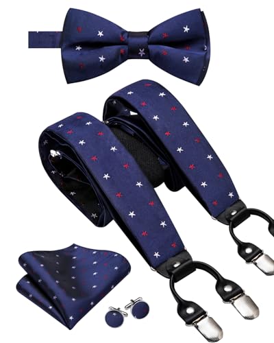 Image of Dubulle Suspender and Bow Tie for Men Paisley Solid Mens Suit Braces Pretied Bowtie and Handkerchief Cufflinks Formal Wedding
