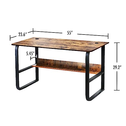 Brown-Brown 55 Inch Computer Desk, Writing Computer Desk With Storage Shelf For Home Office Workstation, Wood Table Metal Frame For Pc Laptop, Black Oak #TOP1