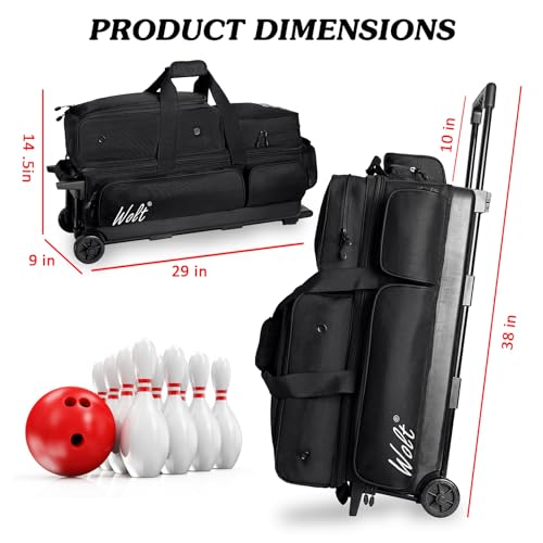 WOLT 3 Ball Bowling Bags with Wheels,Bowling Bags 3 Ball Roller with Separate Shoe Compartment and Accessory Pocket, Retractable Handle Extends to 38’’(Black)