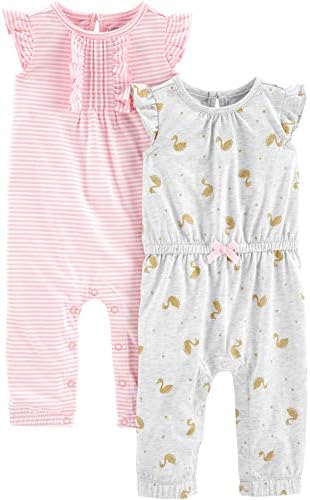 Simple Joys by Carter's Baby Girls' Fashion Jumpsuits, Pack of 2, Grey Heather Swan/Pink Stripe, 12 Months