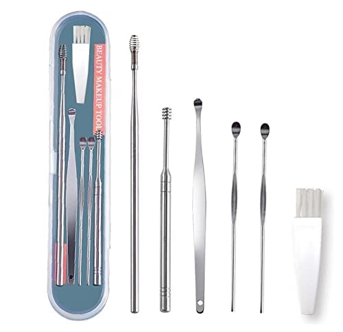 MANTHUMI 6 Pieces Ear Wax Removal Smooth Stainless Steel Kit, Ear Curette Safety Cleaner with White Brush and Storage Box with Coil Spring Cleaner