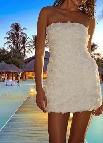 Image of Womens Strapless Mini Dress Sexy Short Bodycon Off Shoulder Stretchy 3D Floral Appliques Tube Top Cocktail Party Dress