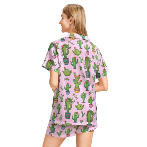 Image of Funny Pajamas for Women Set Print Satin Loungewear Pjs Short Sleeve Button Down Top and Shorts Sets Sleepwear XS-3XL