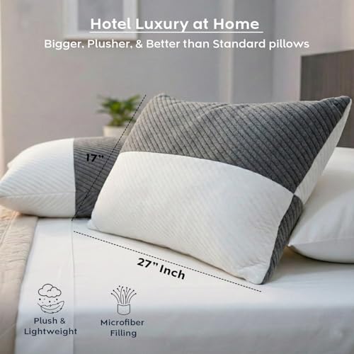 Image of AYKA Adjustable Microfiber Sleeping Pillow | Height Adjustable Zip Pillow with Extra Fiber Fill | Soft & Fluffy Comfort | Hypoallergenic, Breathable & Washable |17x27 Inch | White & Grey | Set of 2