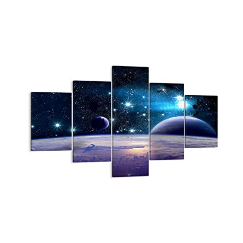 Moderne Impression sur Toile cosmos planète Image Tableau Decoration Murale 125x70cm Deco Cadre Décoration Salon Chambre Cuisine Triptyque 5 parties Tableaux...