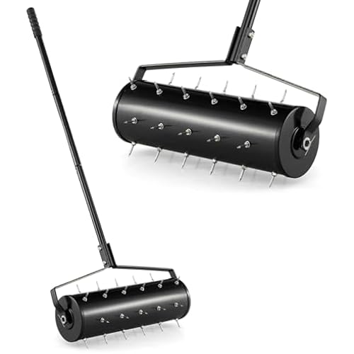 S AFSTAR 21" Manual Lawn Aerator, Heavy Duty Rolling Aerator Lawn Tool Filled Sand Stone with 51" Detachable Handle & Tine Spikes for Soil Loosening, Push Grass Aeration for Garden Yard, Black
