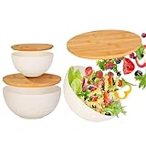 Ensaladera con tapa, juego de 3 cuencos de ensalada, recipientes anidados con de madera, mezcla para preparar y servir ensaladas, cereales, frutas, verduras, palomitas de maíz, patatas fritas y
