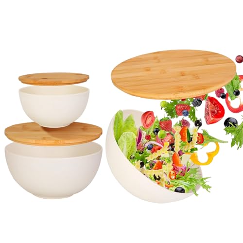 Ensaladera con tapa, recipiente de 3 piezas para la preparación de comidas, recipiente de cocina con tapa de madera para servir, para preparar y guardar patatas fritas, alimentos, sopa, pan y