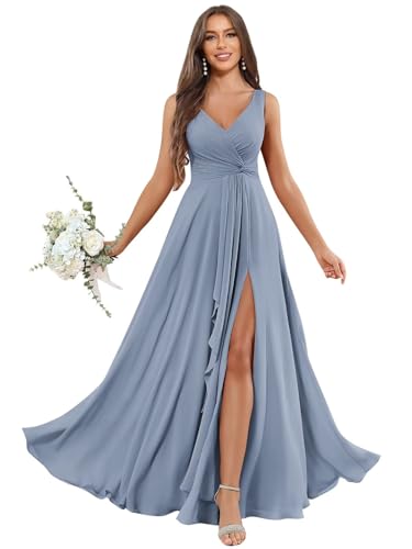 Image of CDSSL V Neck Chiffon Long Dusty Blue Bridesmaid Dresses A Line High Split Ruffle Formal Dresses for Women Wedding Guest Size 8