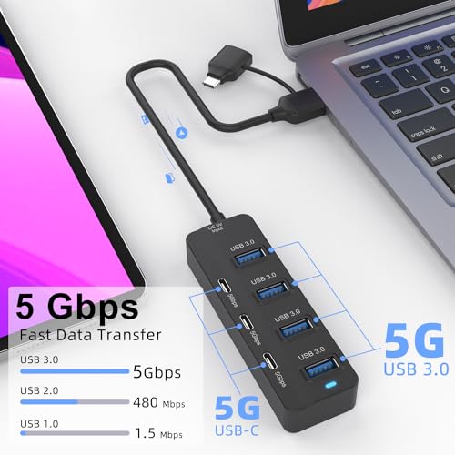 USB C Hub, 5Gbps 7 Ports USB 3.0, USB Hub with USB C Long Cable USB Splitter Multiport Adapter Compatible with Thunderbolt3/4,MacBook, iMac, Surface Pro by HORNORM - Image 2