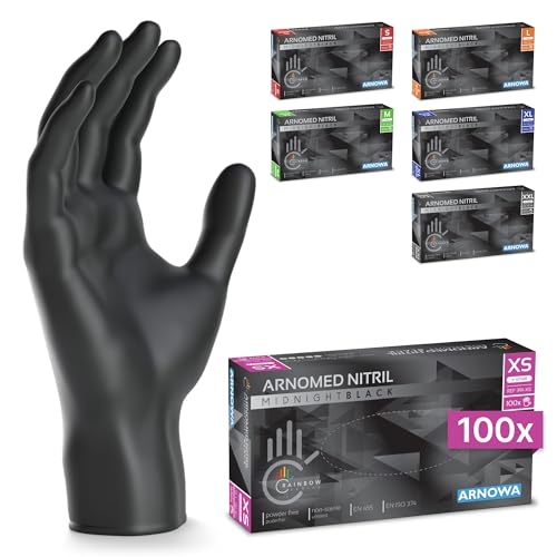 100x ARNOMED® Gants en nitrile taille XS Noir, Gants à usage unique pour chirurgie & laboratoire, Gants en nitrile sans poudre et sans latex, Moufles en nitrile en XS, S, M, L, XL, XXL