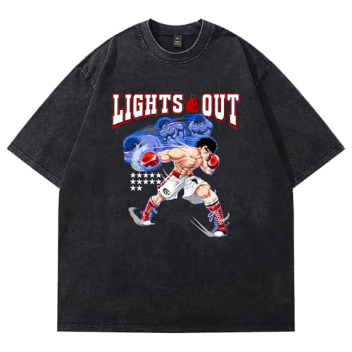 Hajime No Ippo Anime Washed T-Shirts Crewneck Short Sleeve Cotton Tee Women Men Streetwear Harajuku Tops (Black,Large)