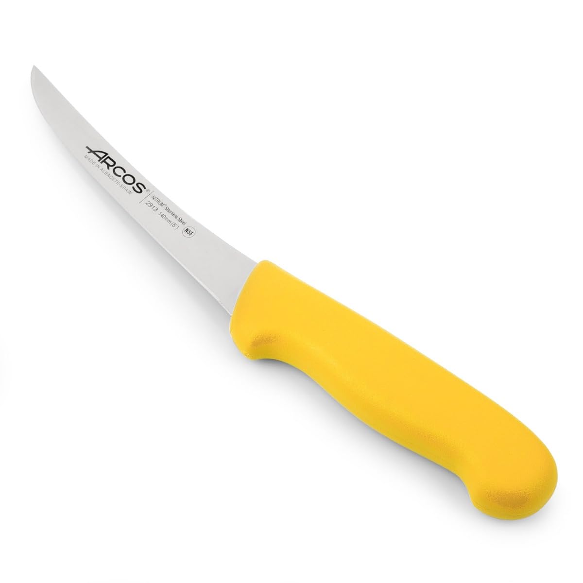 Arcos Boning Knife 5 Inch Nitrum Stainless Steel and 140 mm blade. Professional Butcher Knife to Slice Bones from Meat. Ergonomic Polypropylene Handle. Series 2900. Color Yellow.