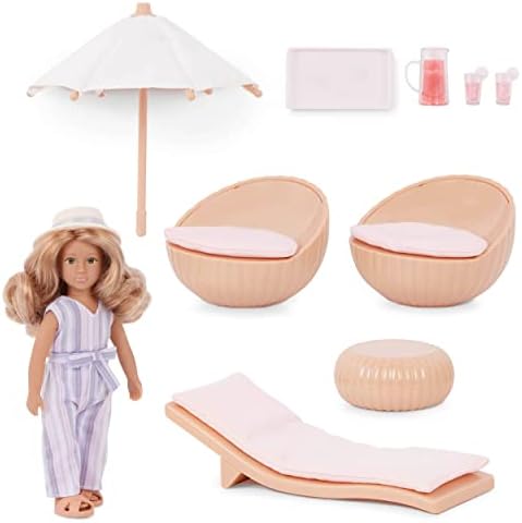Lori Dolls – Marina's Terrace Set– Mini Doll & Toy Terrace Furniture – 6-inch Doll & Dollhouse Accessories – Chairs, Table, Umbrella, Lemonade – Play Set for Kids – 3 Years +